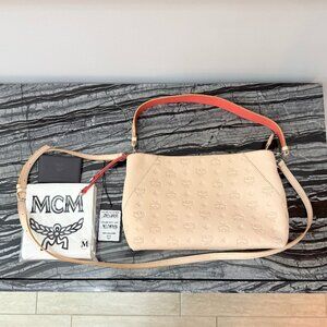 Authentic MCM Monogram Nappa Leather Klara Medium Hobo Shoulder Bag Bisque